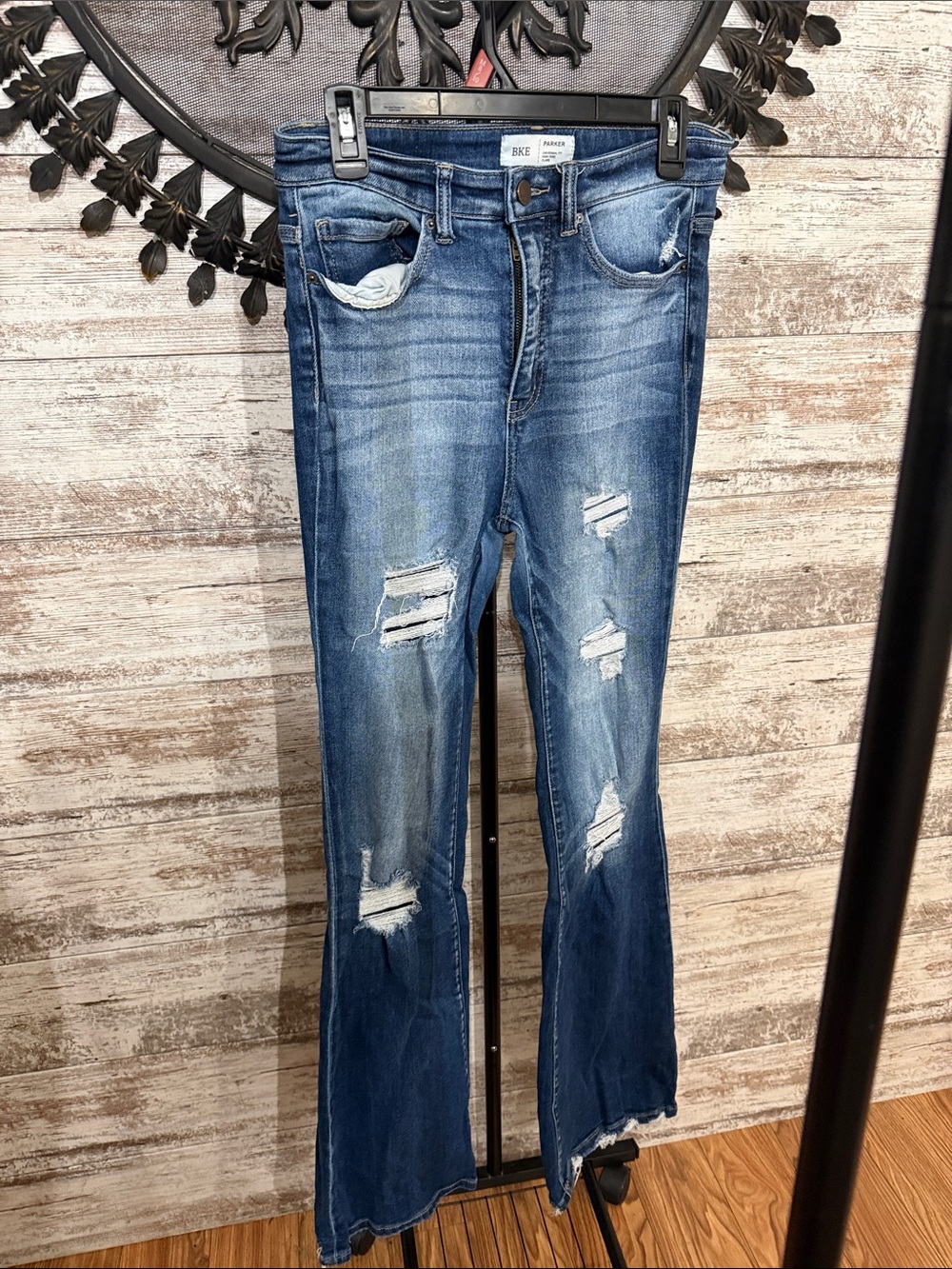 BKE  Parker Distressed High-Rise Flair Jeans in Blue